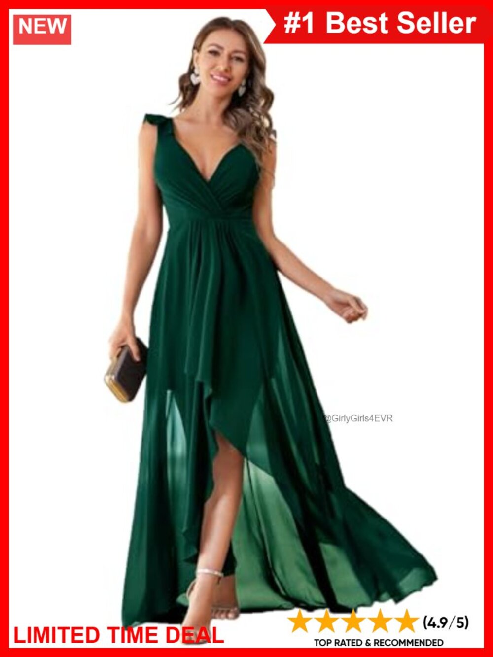 Formal V Neck Chiffon High Low Maxi Dress Ruffled Straps Slit Sleeveless Party